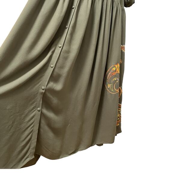 Hale Bob Josephine Embroidered Tiered Maxi Long Dress Size L Olive Green Boho - Picture 7 of 12